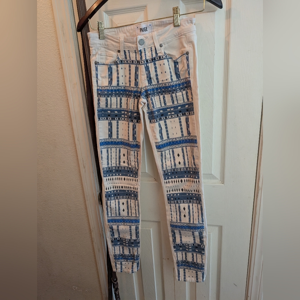 Paige Blue and White Ikat Patterned Skinny Jeans